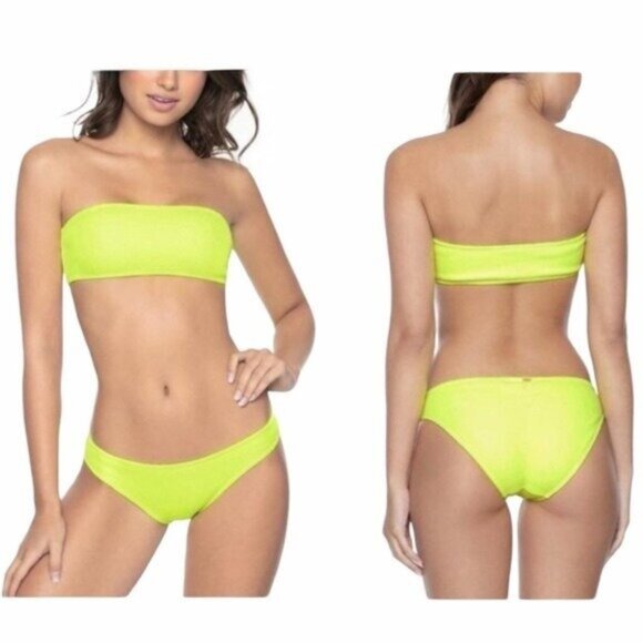 NWT PilyQ Pineapple Reef Neon Bandeau Teeny Bikini Set L Strapless Stretch - Picture 1 of 11